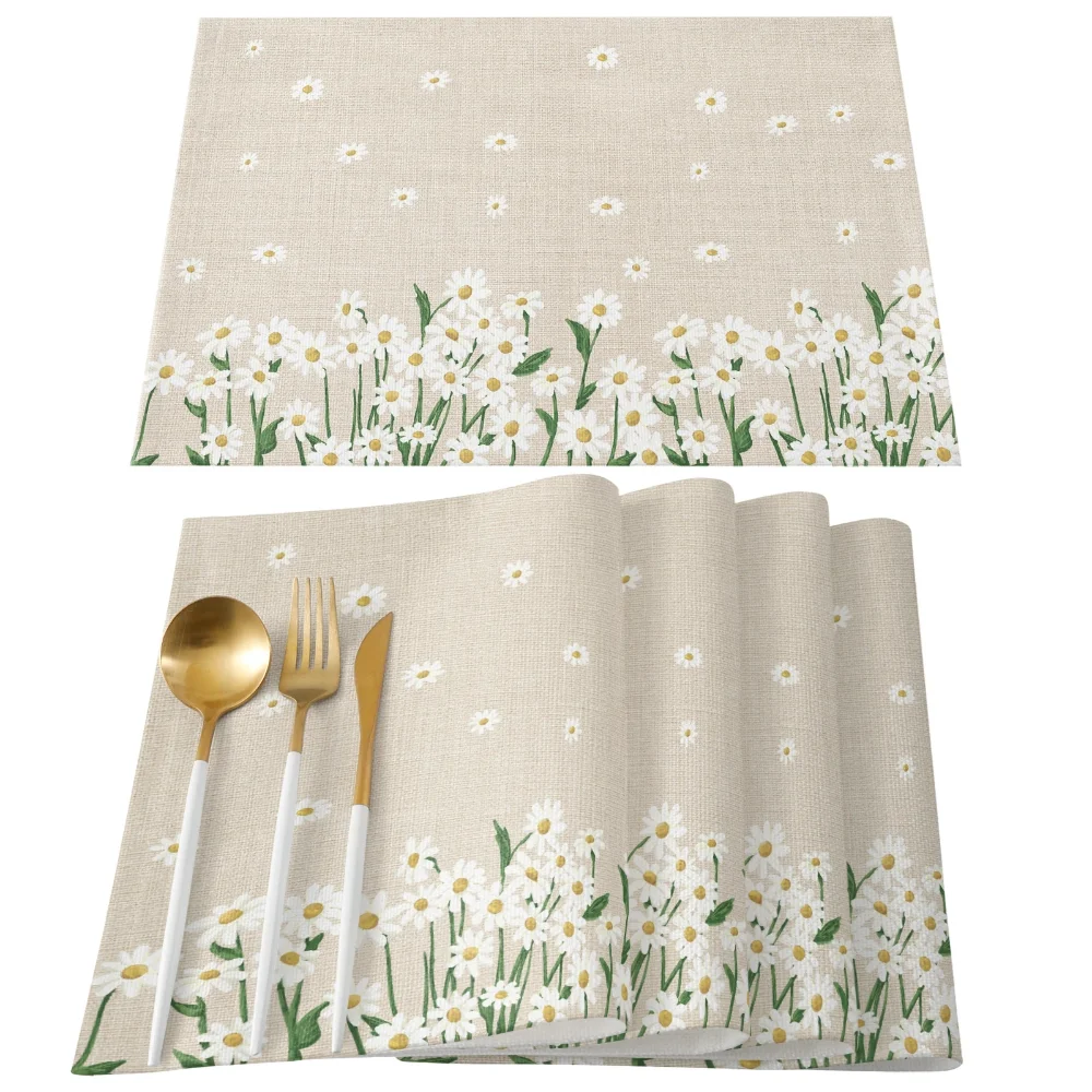 Fresh Style White Daisy Table Runner, Rustic Cotton Linen Wedding Party Dining  Runner Placemat Home Kitchen  Decor