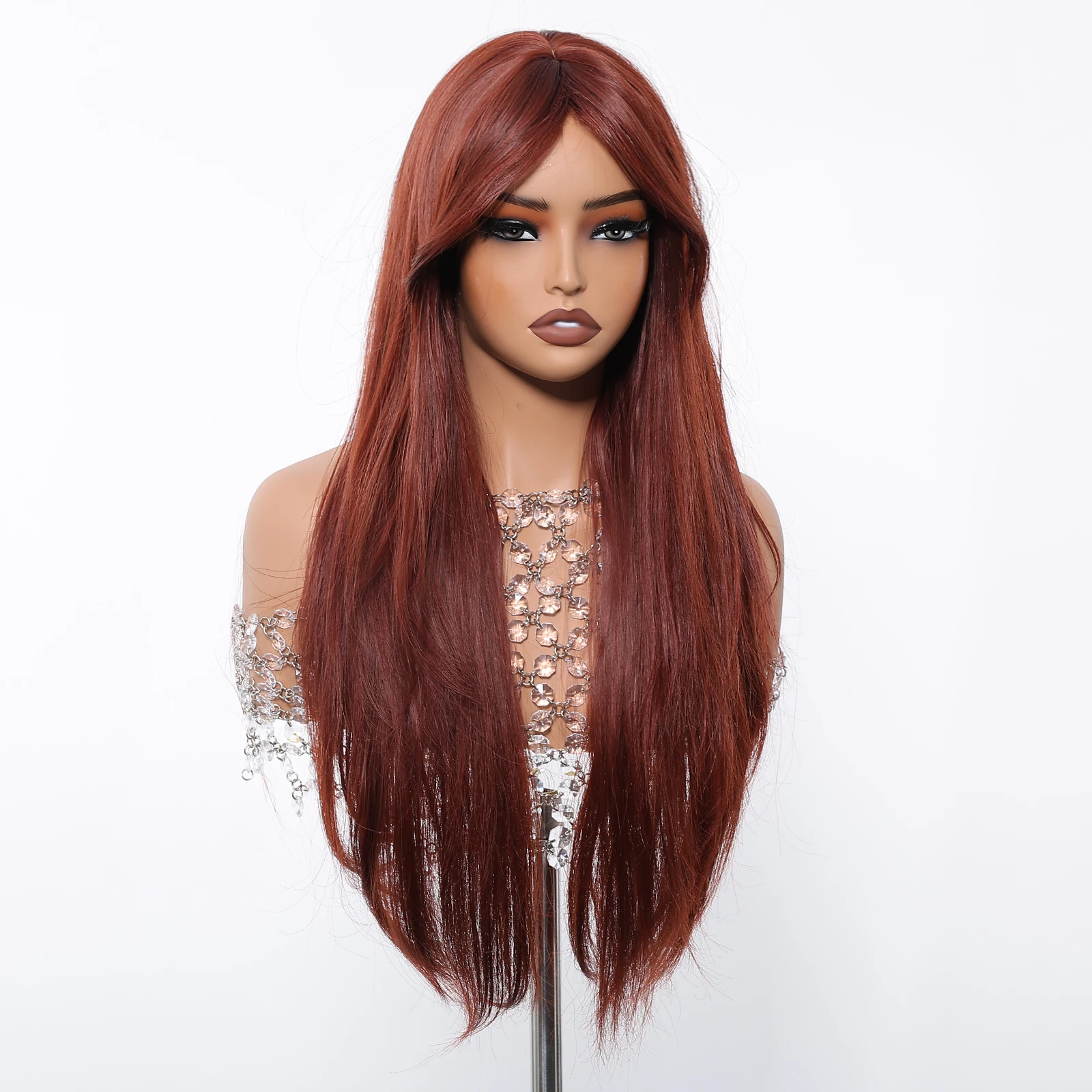 ALAN EATON Auburn Layered Synthetic Wigs with Bangs Long Straight Wig Natural Looking for Women Daily Party Heat Resistant Fiber