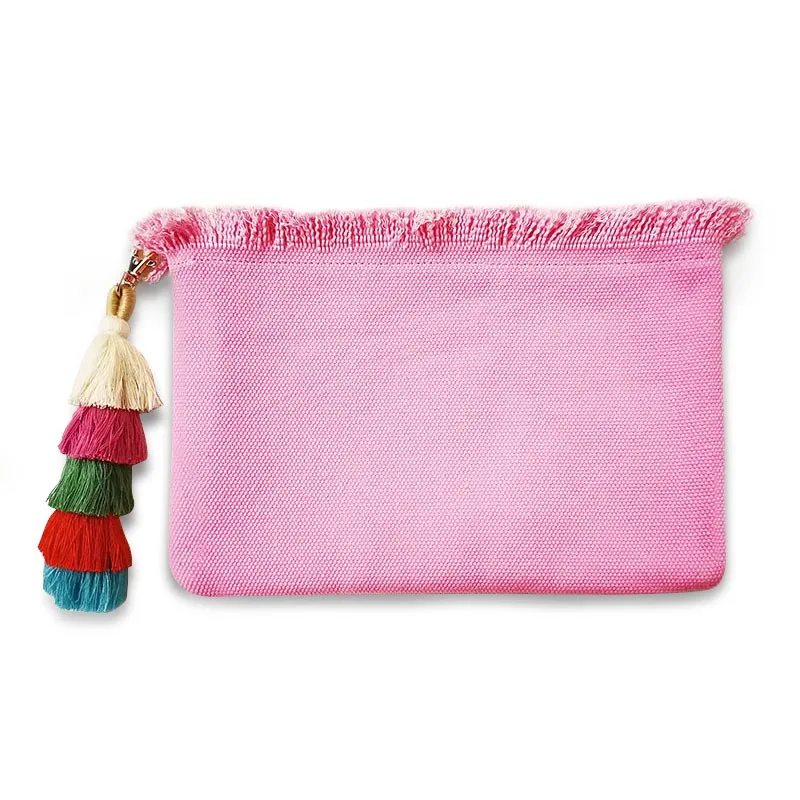 Pochette en Toile avec Lettres Brodées Personnalisées pour Femme, Sac à Rayures Verticales, Loisirs, Pompon, Cadeaux de Bureau, Plage, Vacances