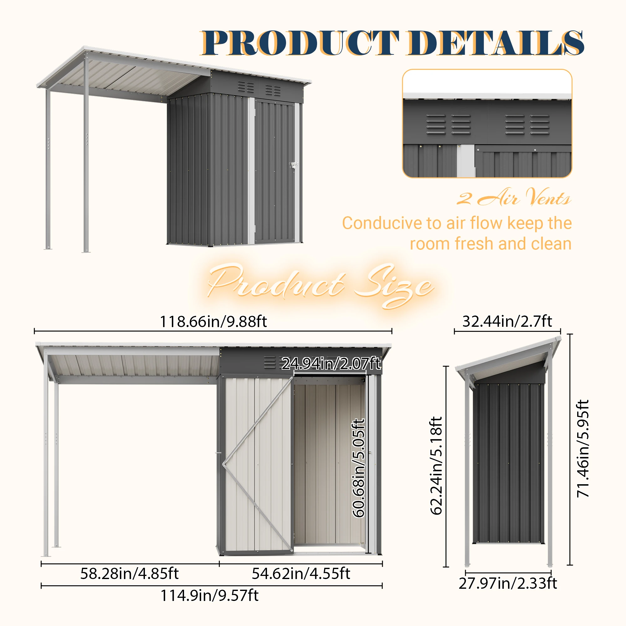 5x3 FT Galvanized Steel Shed Gazebo Combo, 2-in-1 Lean-To Storage with Open Pergola, All-Weather Garden Shed for Patio Backyard Tool Storage