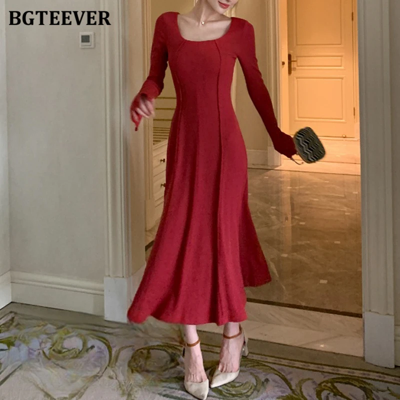 

BGTEEVER Vintage Square Collar Ladies Solid Mermaid Dress Autumn Fashion Long Sleeve Slim Waist Female Bodycon Mid-Length Dress