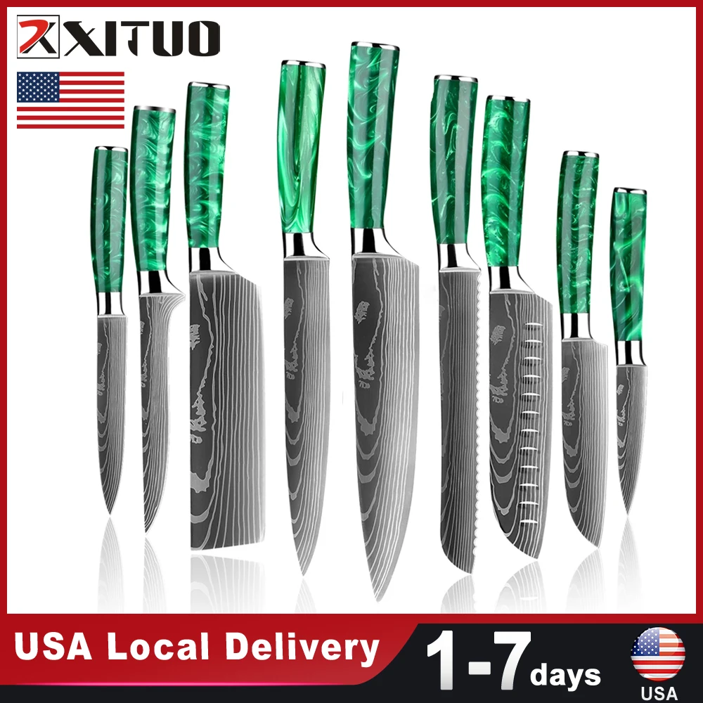 USA Warehouse Fast Shipping Stainless Steel 9PCS set of knives Green Resin Handle Kitchen Chef Knife Santoku Knife Boning Knife