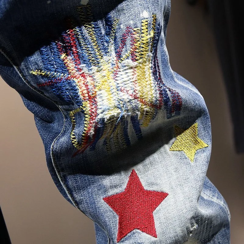 2024 primavera y otoño tendencia de moda pantalones vaqueros elásticos de pierna recta estampados pantalones casuales relajados transpirables de alta calidad para hombres