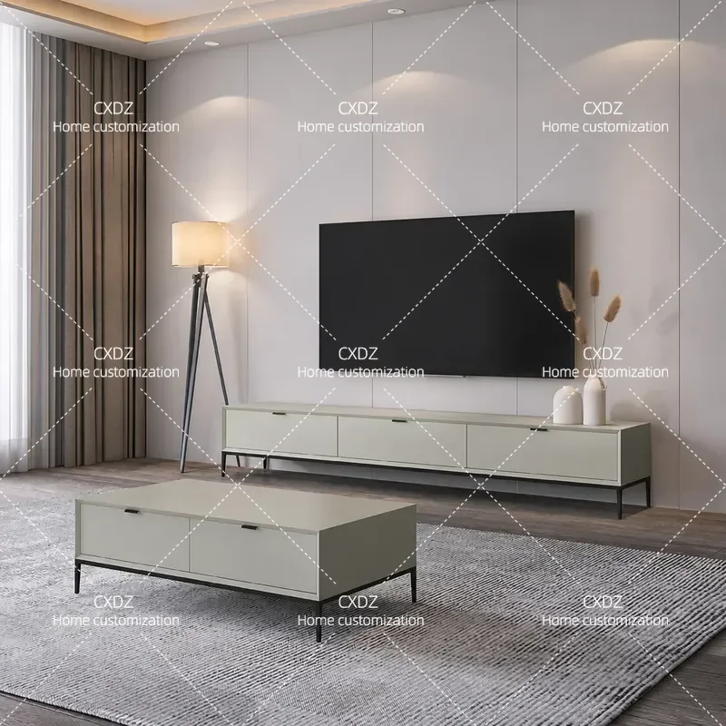 Italian Minimalist TV Cabinet and Coffee Table Set Modern Cream Style Living Room Furniture Combo for Small Apartment Home