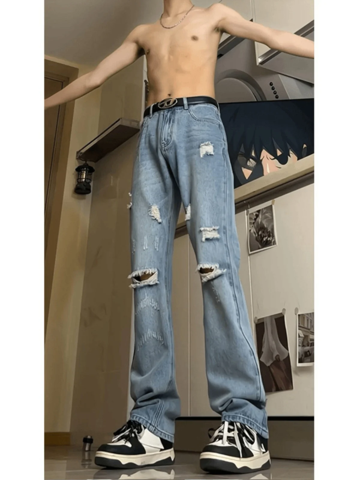 

Мужские летние тонкие джинсы Waed Light Blue Cleanfit в американском стиле High Street, зауженные, слегка расклешенные, повседневные, прямого кроя