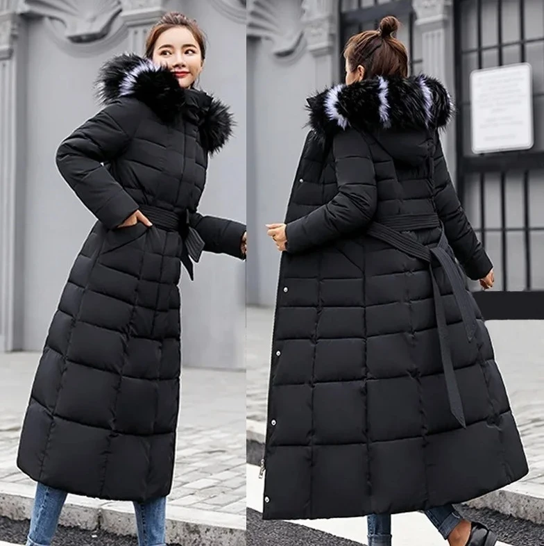 

2025 Winter Women's Jacket Warm Fashion Comfortable Bow Belt Fox Fur Collar Clothes Long Dress Office Casual Women's Thick Coat