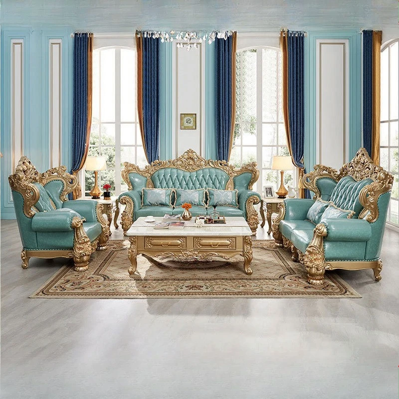 European-style top-grain leather light luxury sofa, champagne gold, French-American leather, living room villa combo furniture