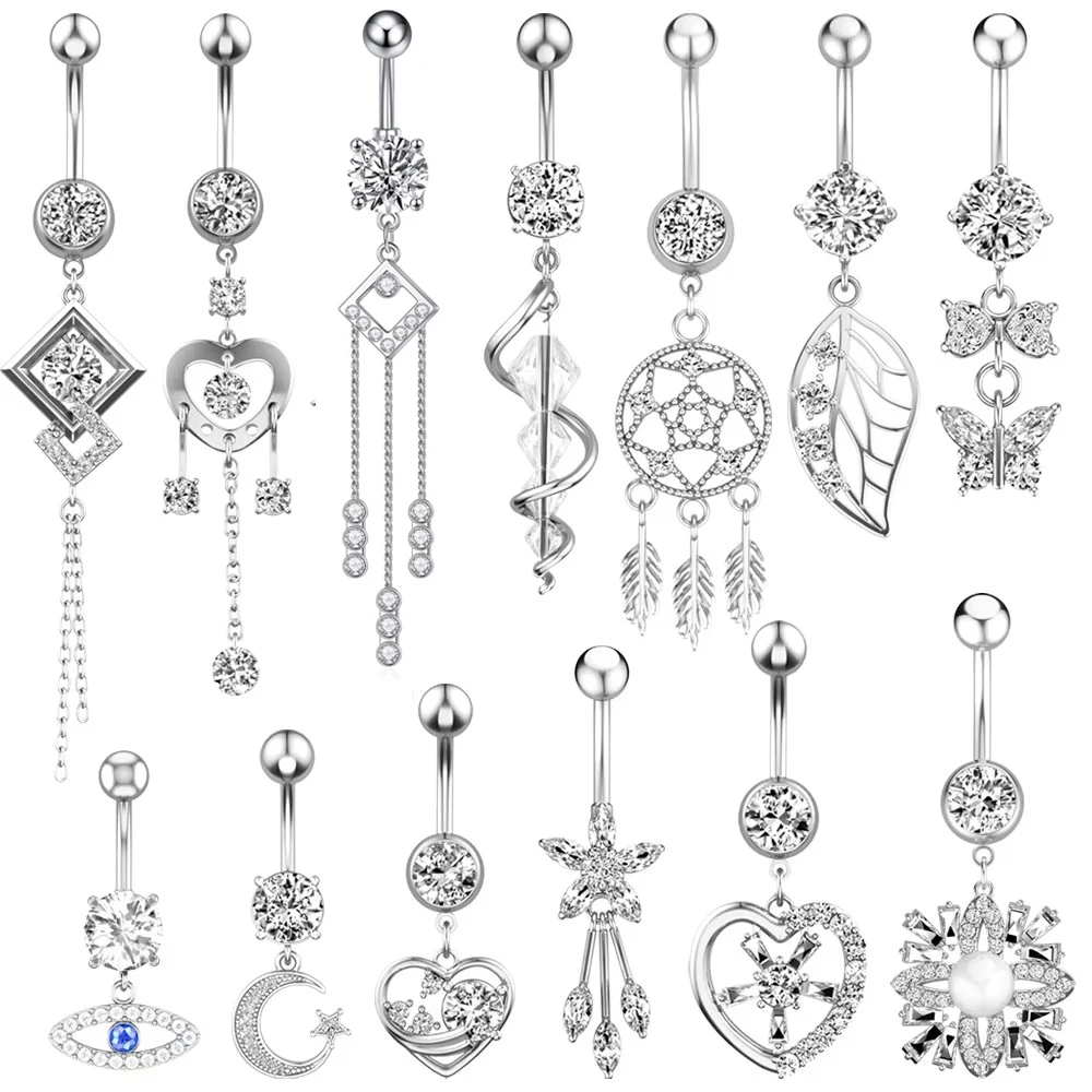 Pearl Belly Button Rings Heart Flower Long Dangled Navel Ring Stainless Steel 14G Ombligo Oreja Woman Banana Body Jewelry