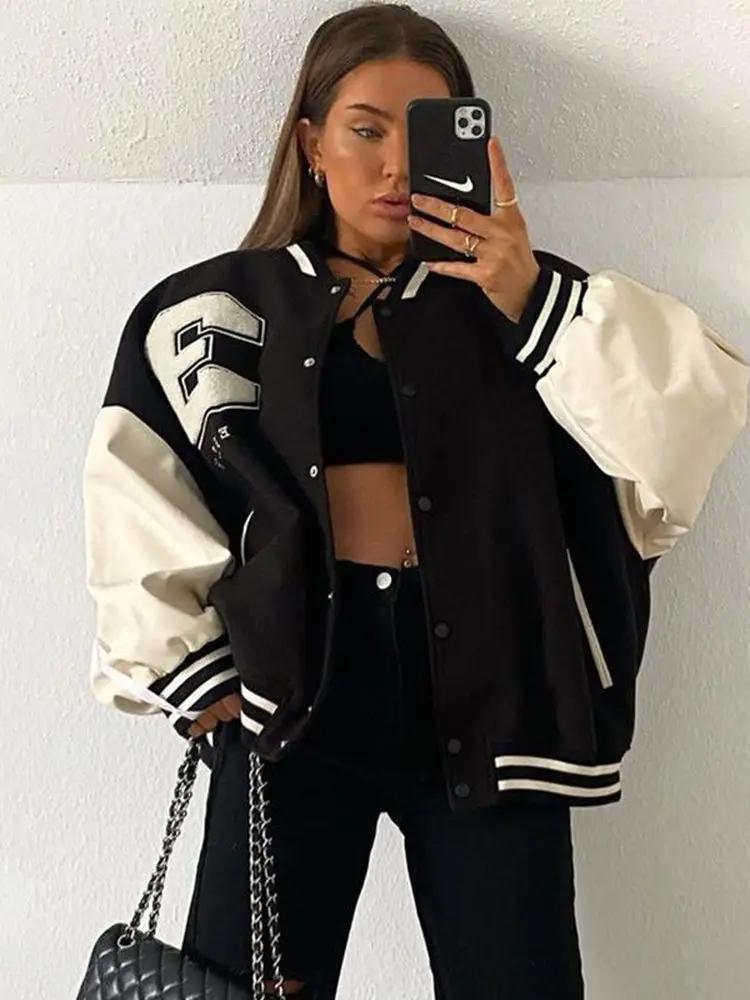

Ретро-американская бейсбольная куртка с вышивкой, женская осенне-зимняя свободная повседневная куртка-бомбер в стиле Spicy Girl, короткое пальто