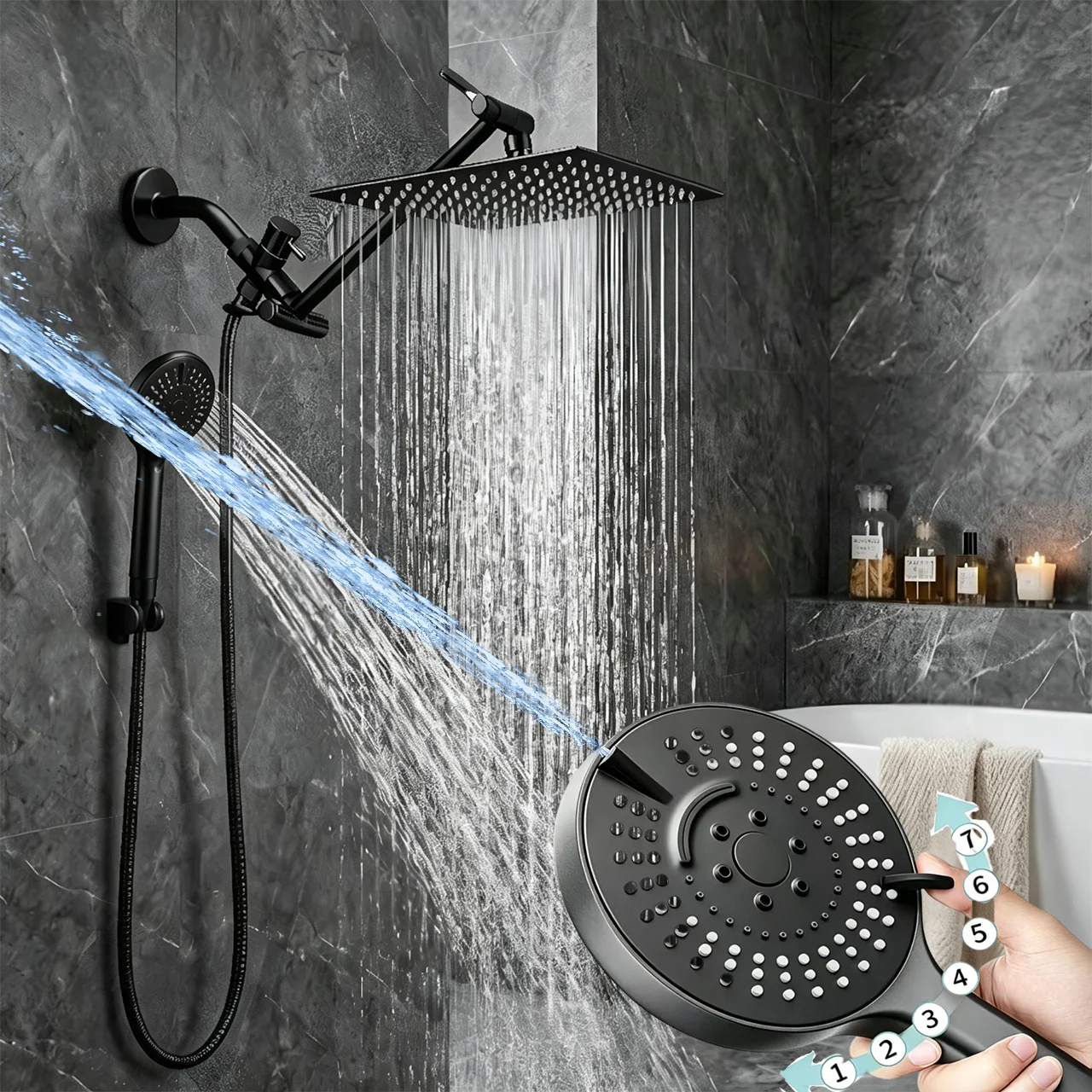 Stainless Steel 8-Inch Top Spray Shower with Extension Arm Multifunctional Handheld Shower Wall-Mounted Shower Set