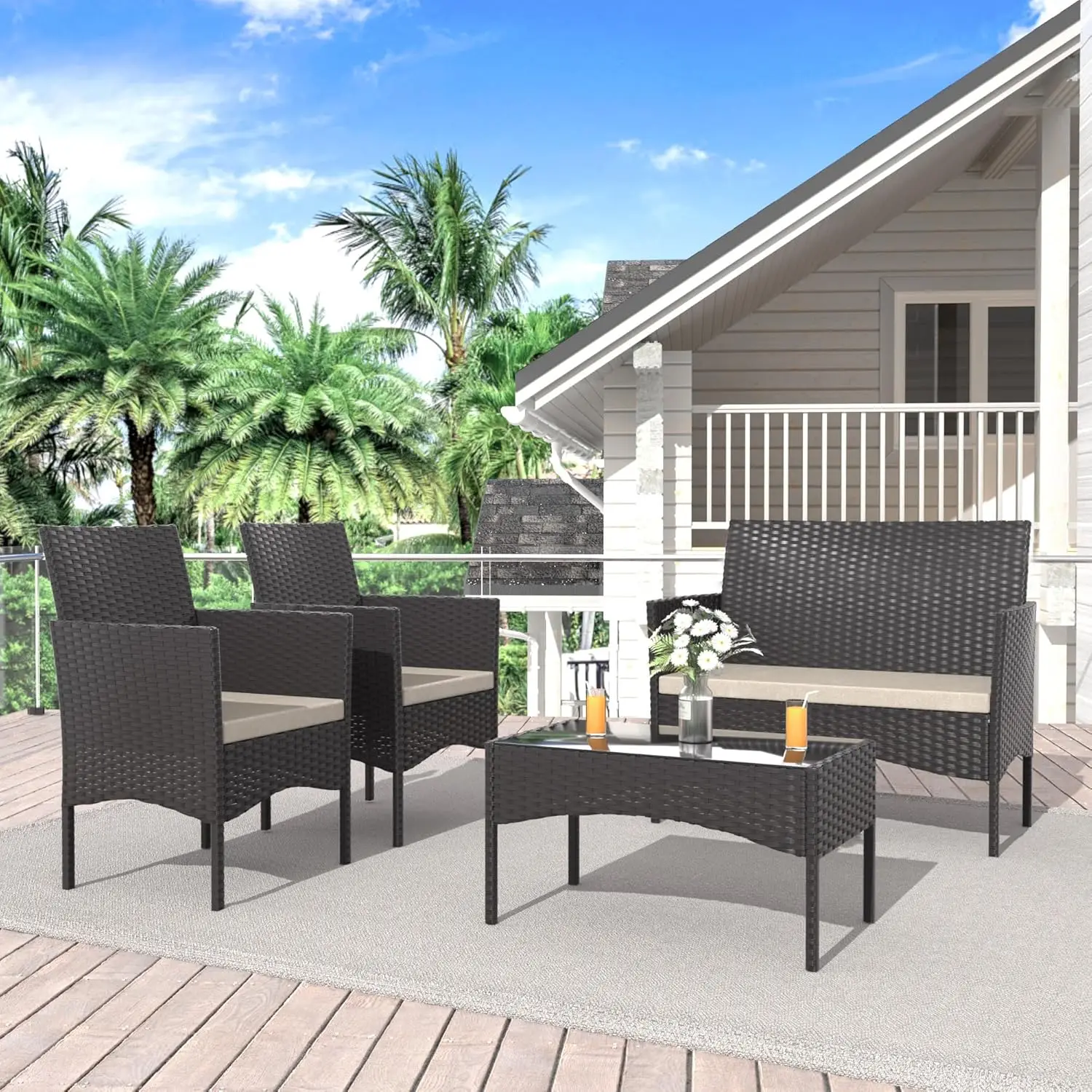 4-Piece Patio Furniture Set Outdoor Rattan Furniture Patio Conversation Set For Patio, Backyard, Porch, Poolside W/Coffee