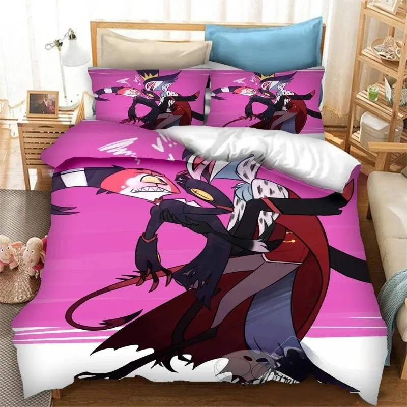 Helluva Boss King Size Bedding Sets,Anime Figure Striker Cute Bed Quilt Covers Pillowcases Bedroom Duvet Cover Sets