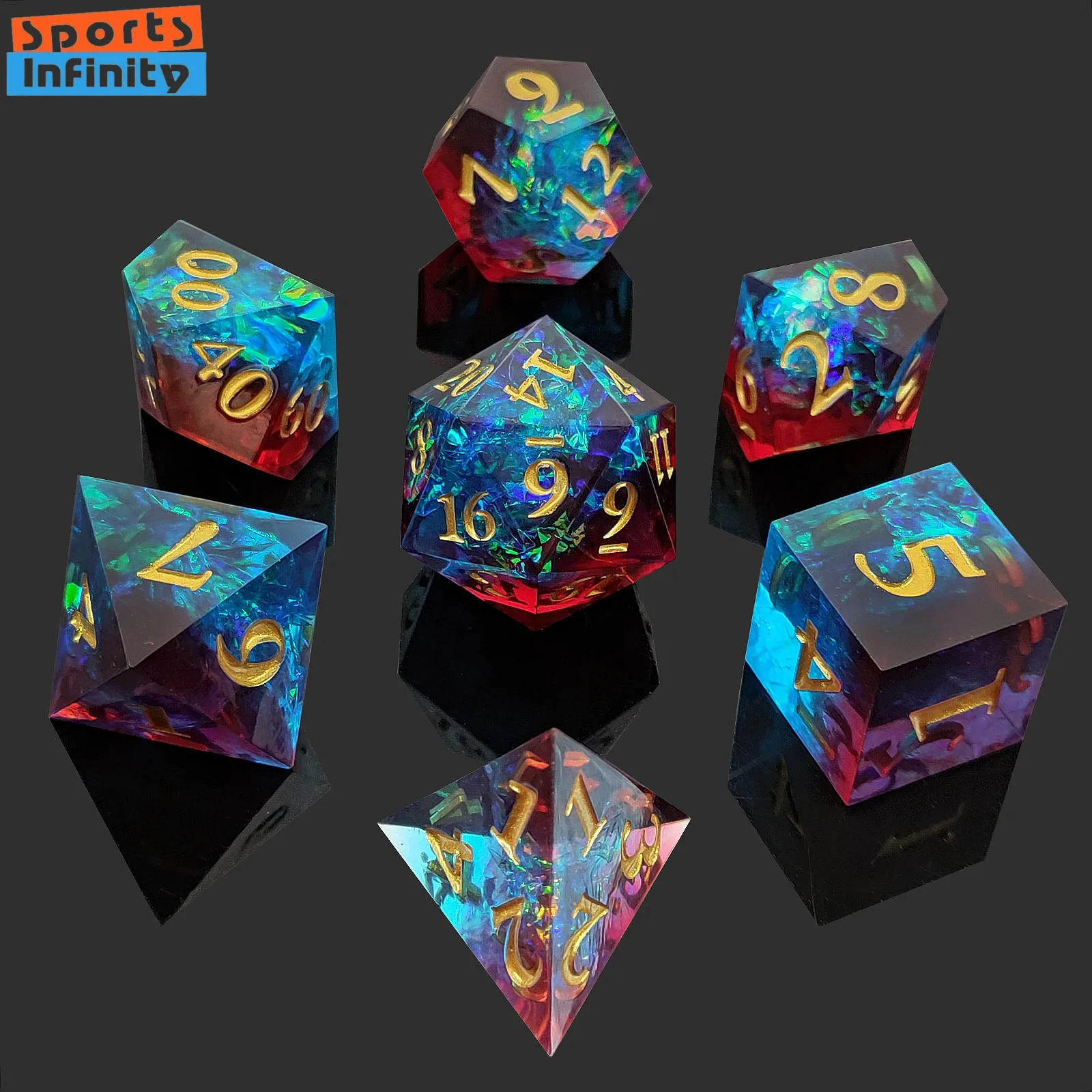 7Pcs Set Beautiful Black Gold Resin Dice for DND TPG TRPG Board Game COC Running Team Cthulhu Polyhedral Dice Number Dice Kit