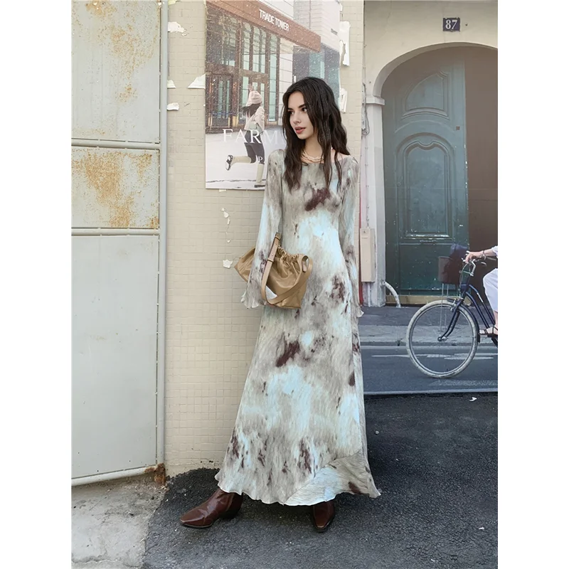 Autumn French Y2K Fashion Scene Vintage Style Maxi 90s Grunge Printing 2000's XS Dresses For Japanese Women 2000s Clothes