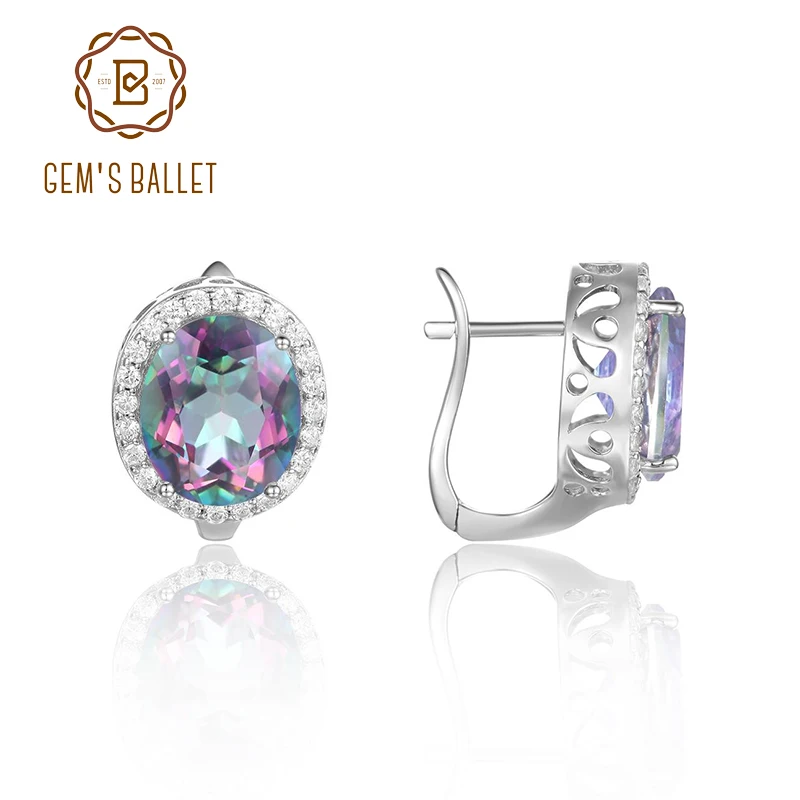 

GEM'S BALLET 10x12mm Oval Rainbow Mystic Topaz Classic Gemstone French Clip Halo Earrings in Sterling Silver Women's Earrings