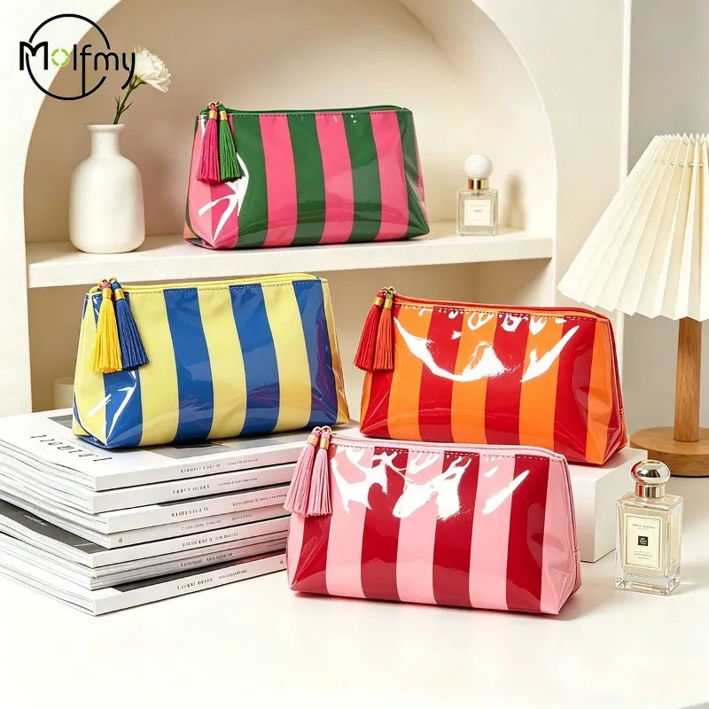 PVC Striped Cosmetic Bag Makeup Bag with Fringe and Zipper Waterproof Travel Toiletry Bag Makeup Brush Case Pouch Косметичка