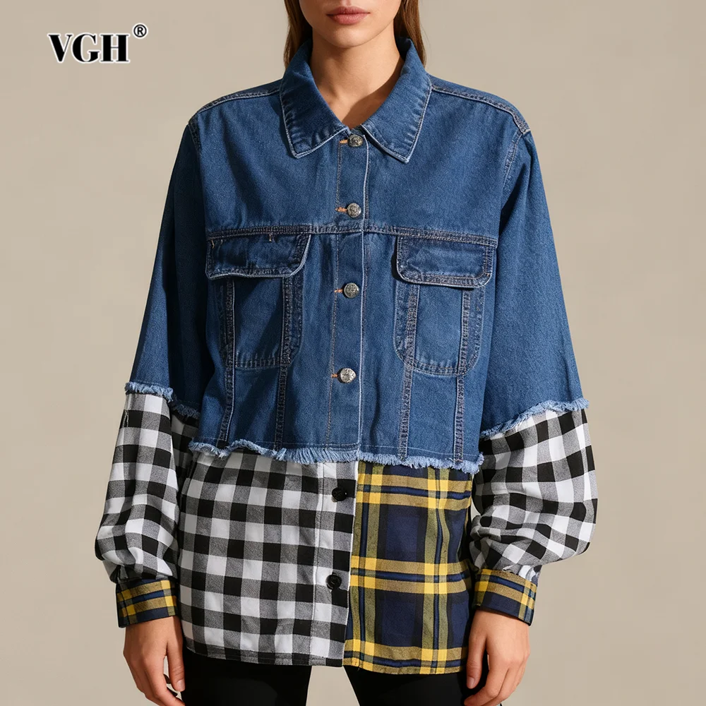 

VGH Retro Street Plaid Colorblock Denim Jacket for Women Lapel Long Sleeve Patchwork Raw Edge Loose Versatile Coats Female New