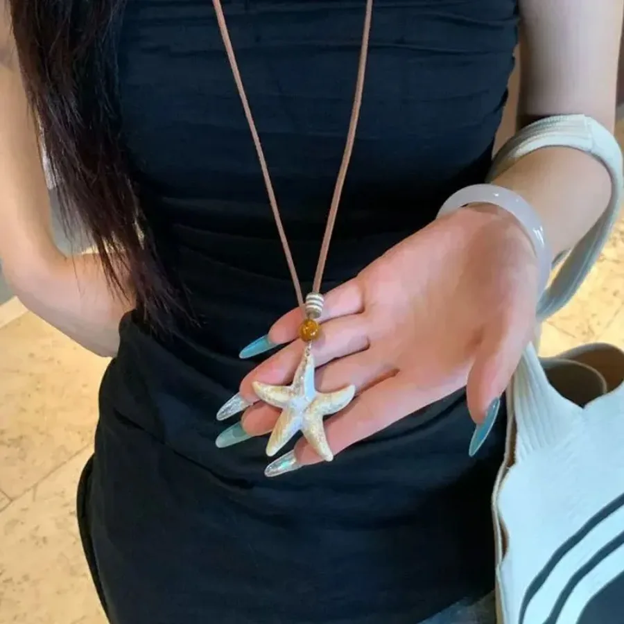 New Fashion Women Long Neck-hanging Starfish Necklace Starfish Conch Pendant Adjustable Rope Chains Necklaces Seaside Holiday
