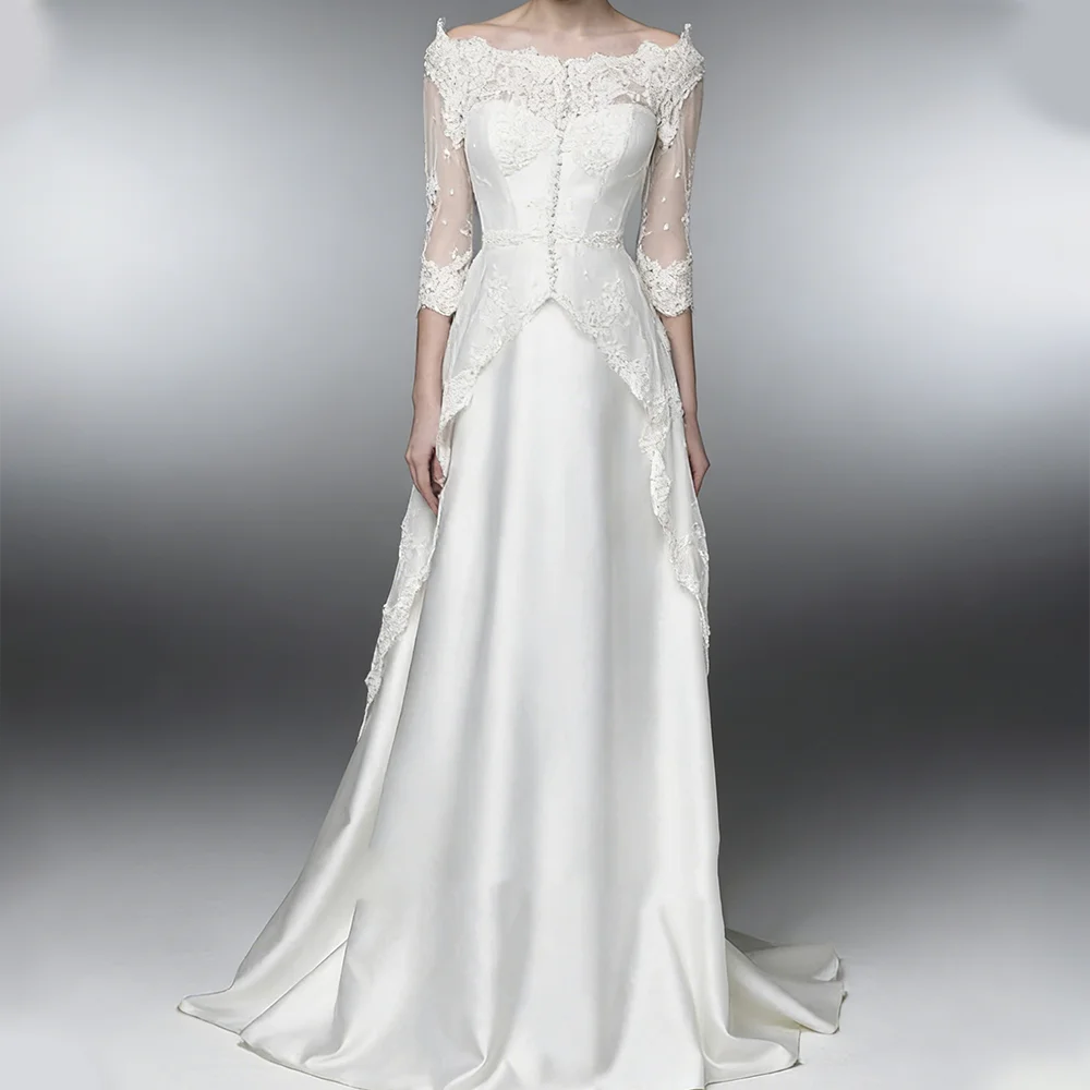 Elegant Off Shoulder Lace Thredd Quarter Sleeve Straight Bride Wedding Dresses Bridal Gowns Customized
