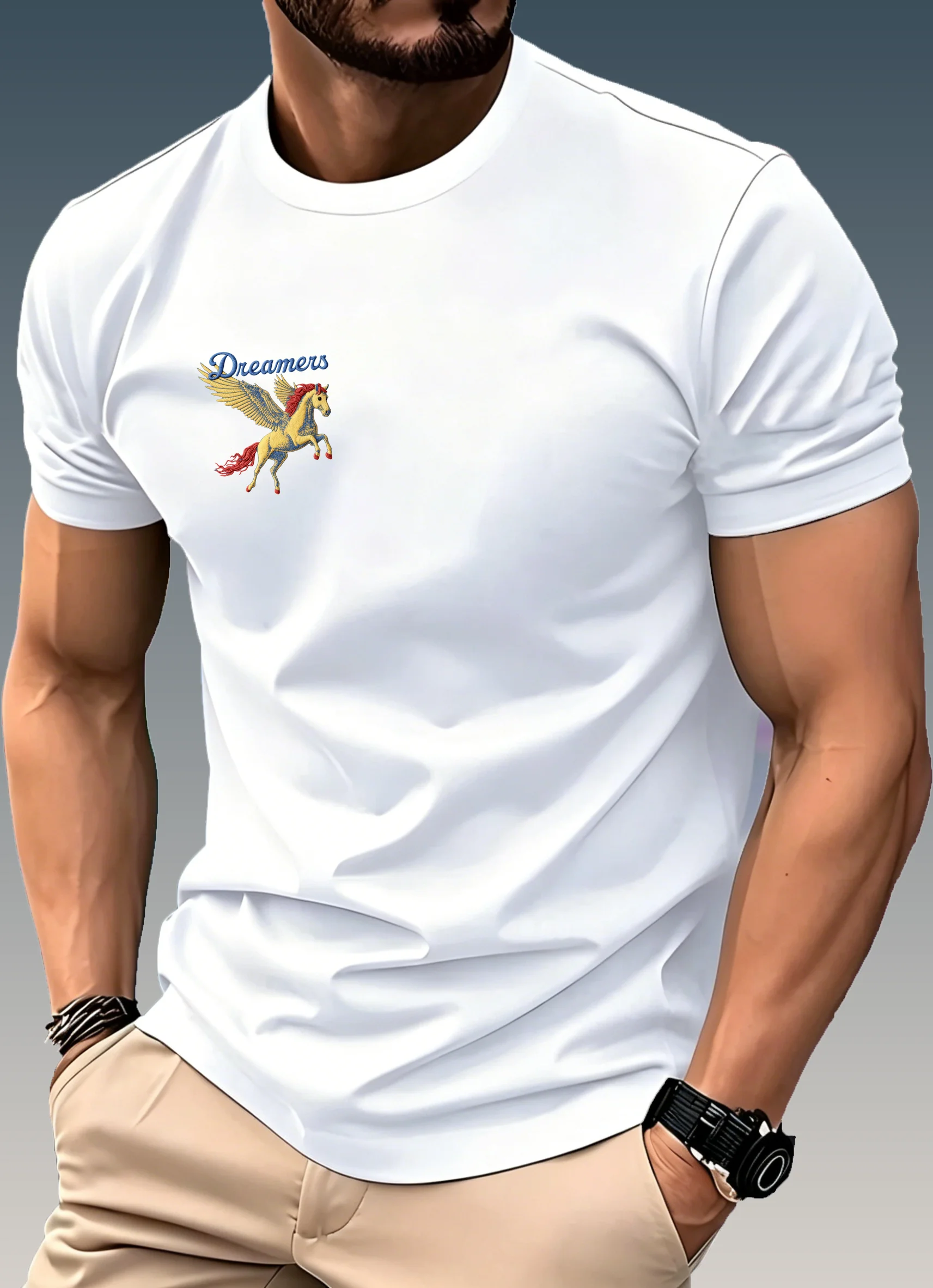 Men Breathable Quick Dry T Shirt Dreamers Winged Horse Print Crew Neck Short Sleeve Sports Workout Casual Tee-F31