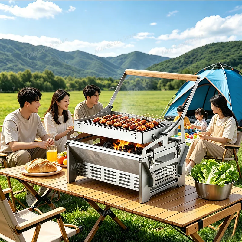 Flip-Style Charcoal Barbecue Roaster, Detachable Rotary Grate for Household and Outdoor Cooking