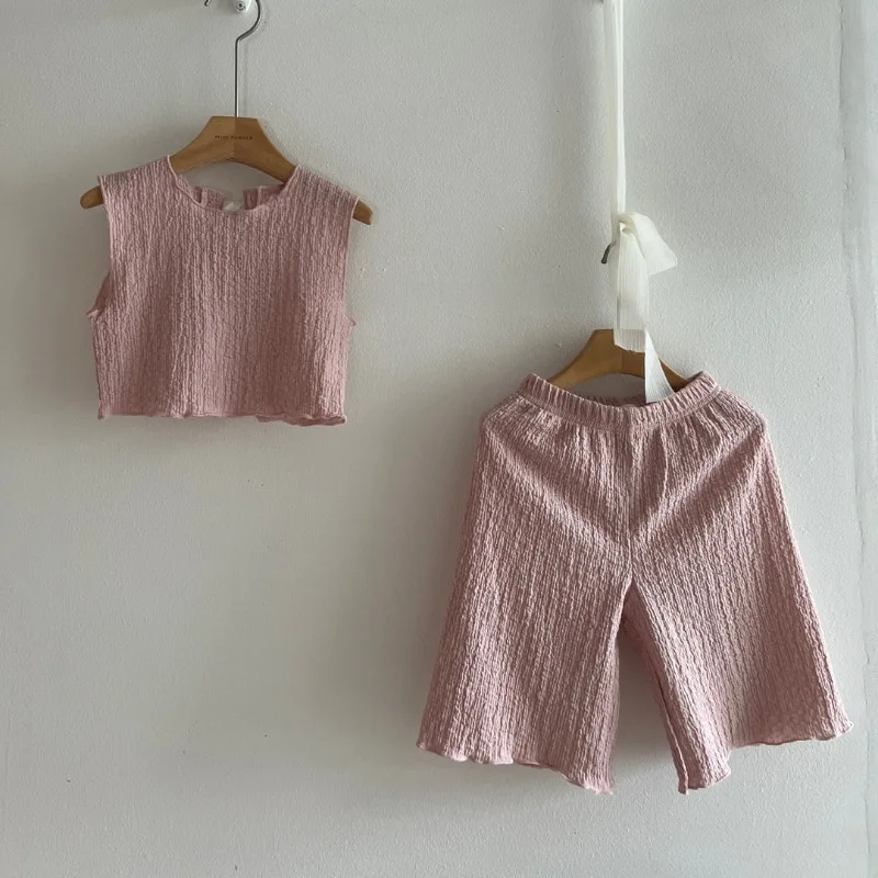

2026 Summer New Children Sleeveless Clothes Set Baby Girls Cute Bow Vest + Shorts 2pcs Suit Solid Thin Kids Cotton Outfits