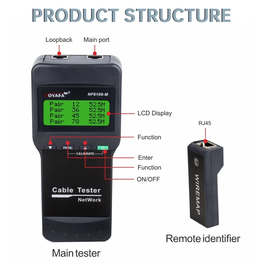 NOYAFA-Rede Profissional Cable Tester, NF-8108M, Rj45 Tester, Medir Comprimento, Cabl, Multifuncional Poe Ferramentas de Rede, Novo