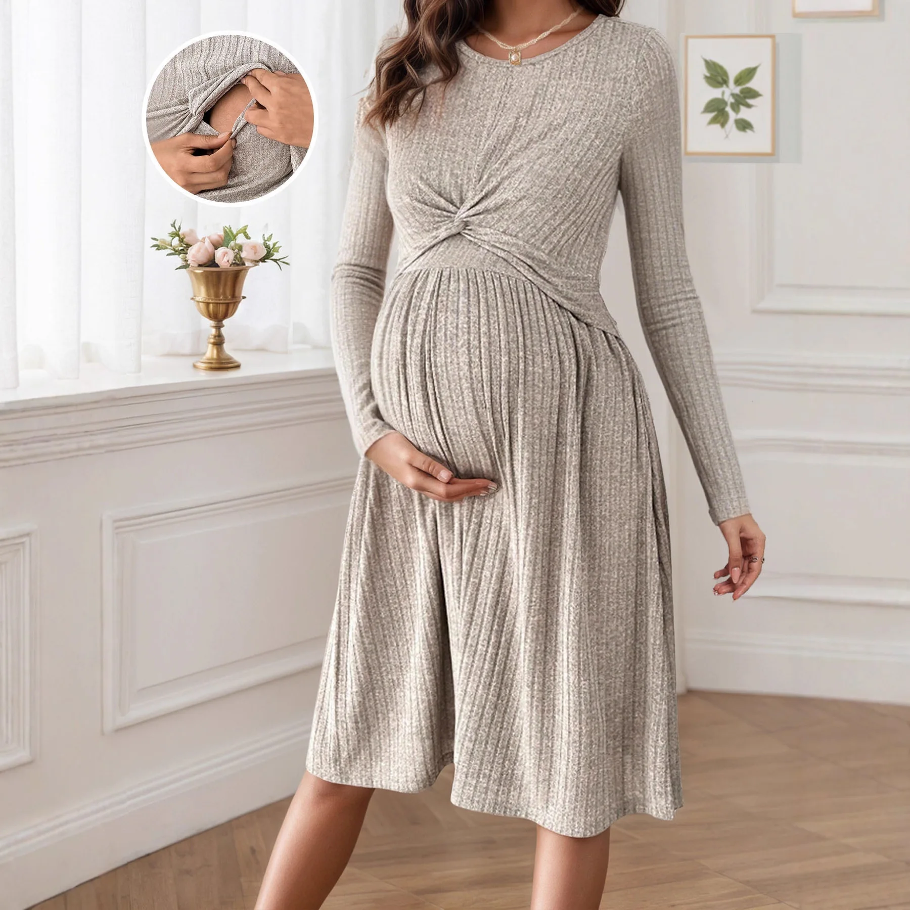 New Style Maternity Nursing Dress Front Twist Double-Layer Design round Neck Large Hem Photography Dress for Pregnant Women