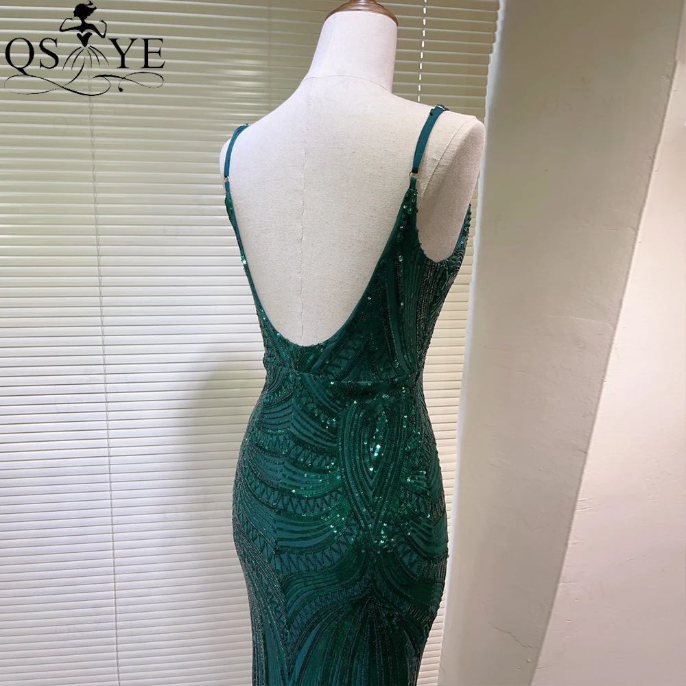 Spaghetti Straps V Neck Sequin Emerald Prom Dresses Full Mermaid Pattern LaceEvening Gown Party  Backless Fit Green Formal Dress