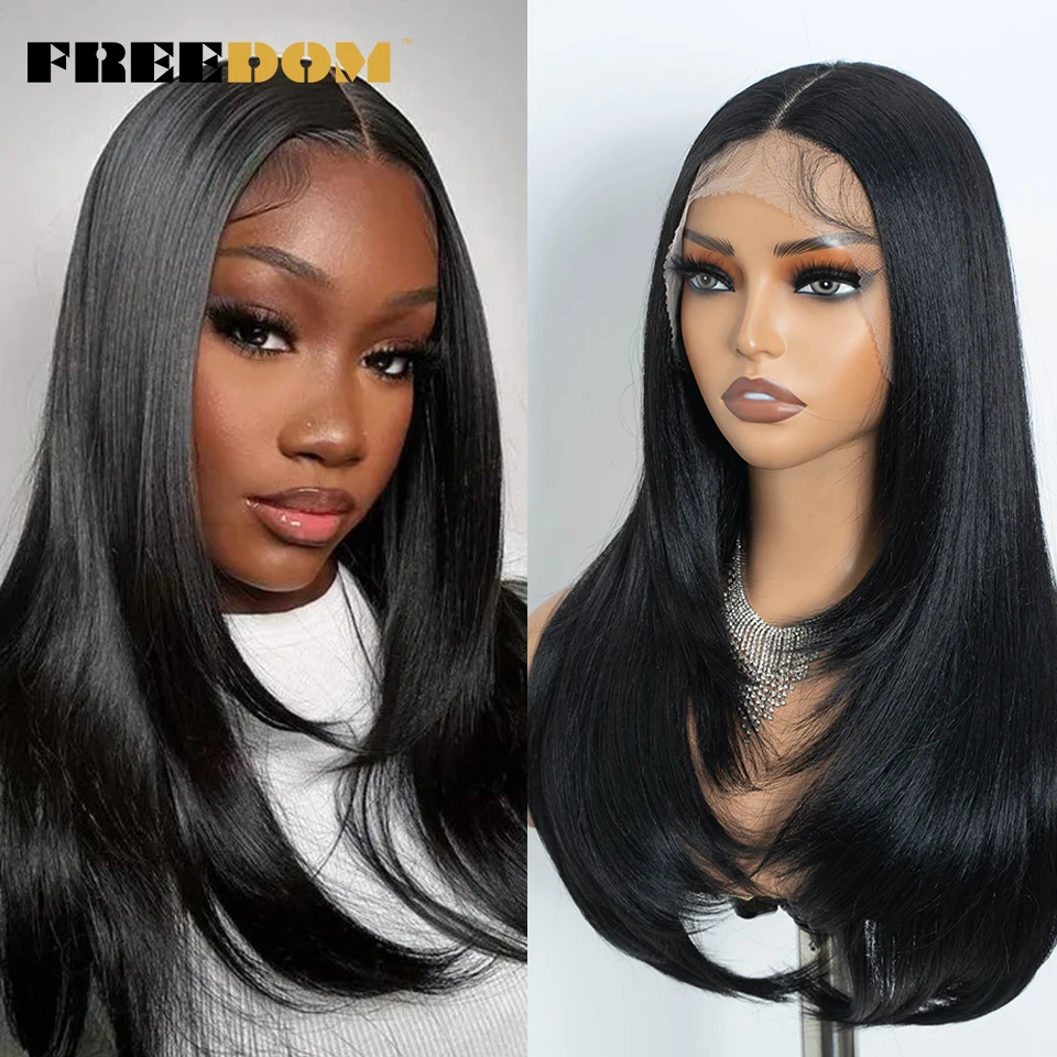 

FREEDOM Synthetic Lace Front Wig Straight Layered Wig 24 Inch Lace Wigs For Women Ombre Brown Blonde Wig Pre Plucked Cosplay Wig