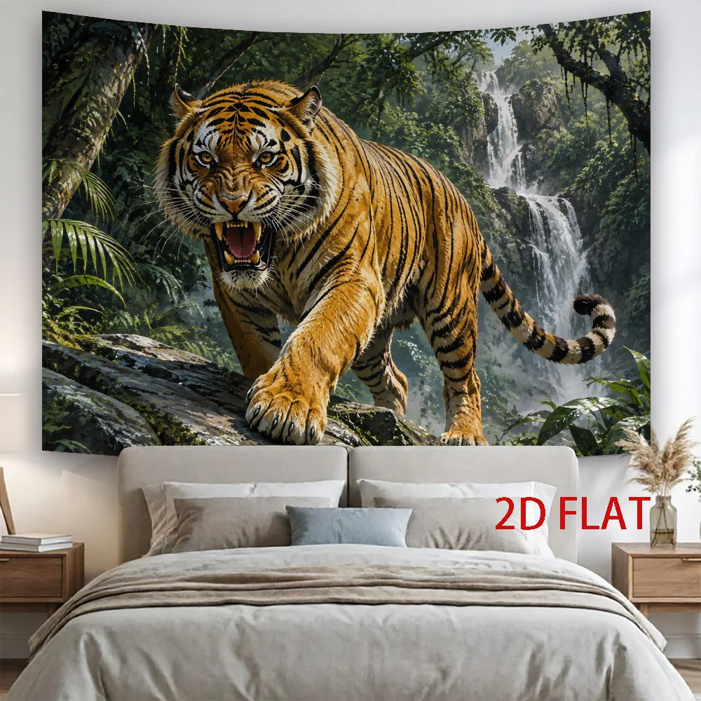 Vibrant Bengal Tiger in Lush Waterfall Jungle Safari Mural Wall Tapestry Decoration for Home Living Room