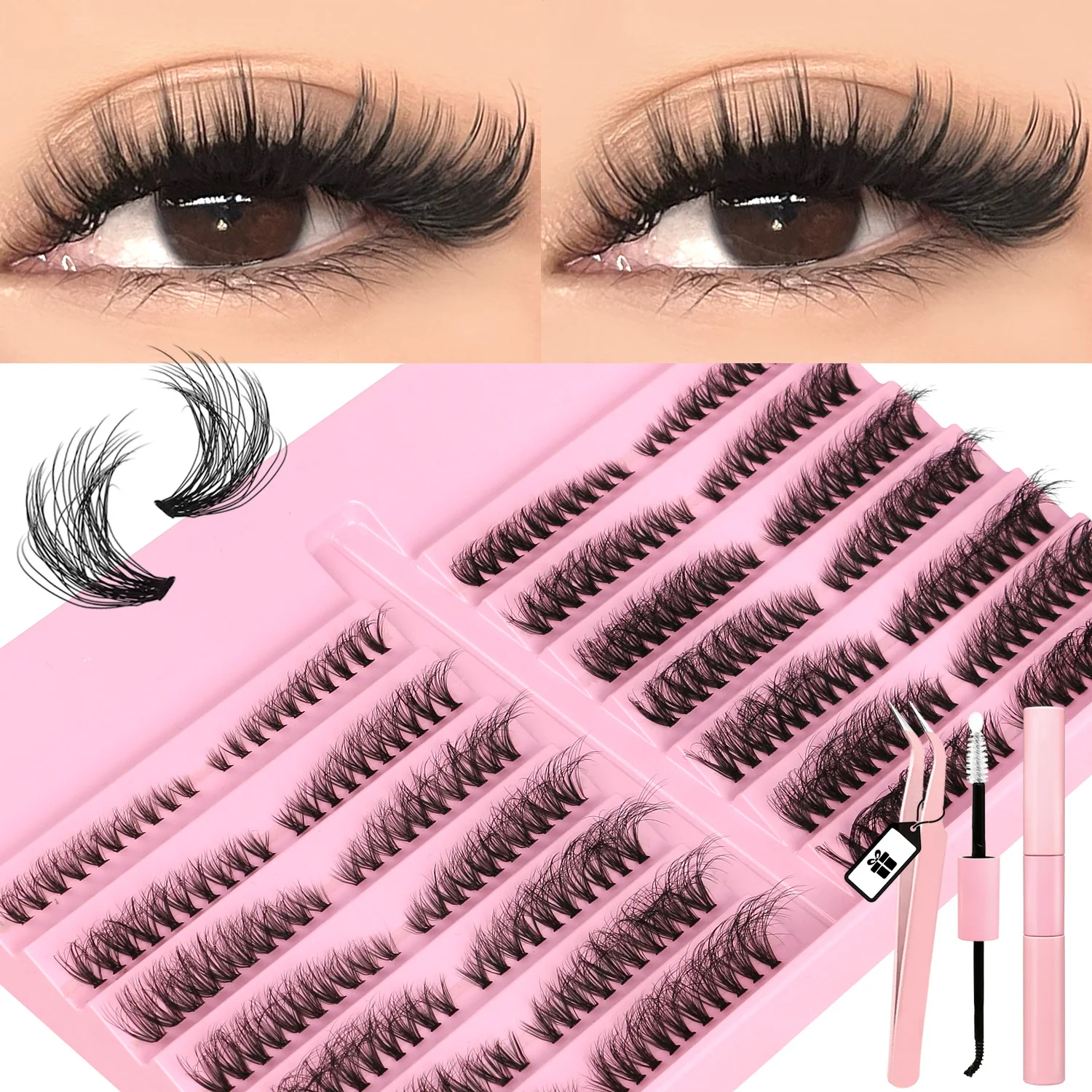 Lasvirey DIY Lash Clusters Kit Cat Eye Lashes Extension Mixed Tray Fluffy Individual Eyelashes with Lash Bond and Seal Lashes