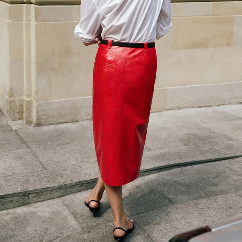 2026 New Luxury Faux Leather Skirt Women Winter Warm Textured Croc Print Midi Skirts High Waist Streetwear Long Skirt Female