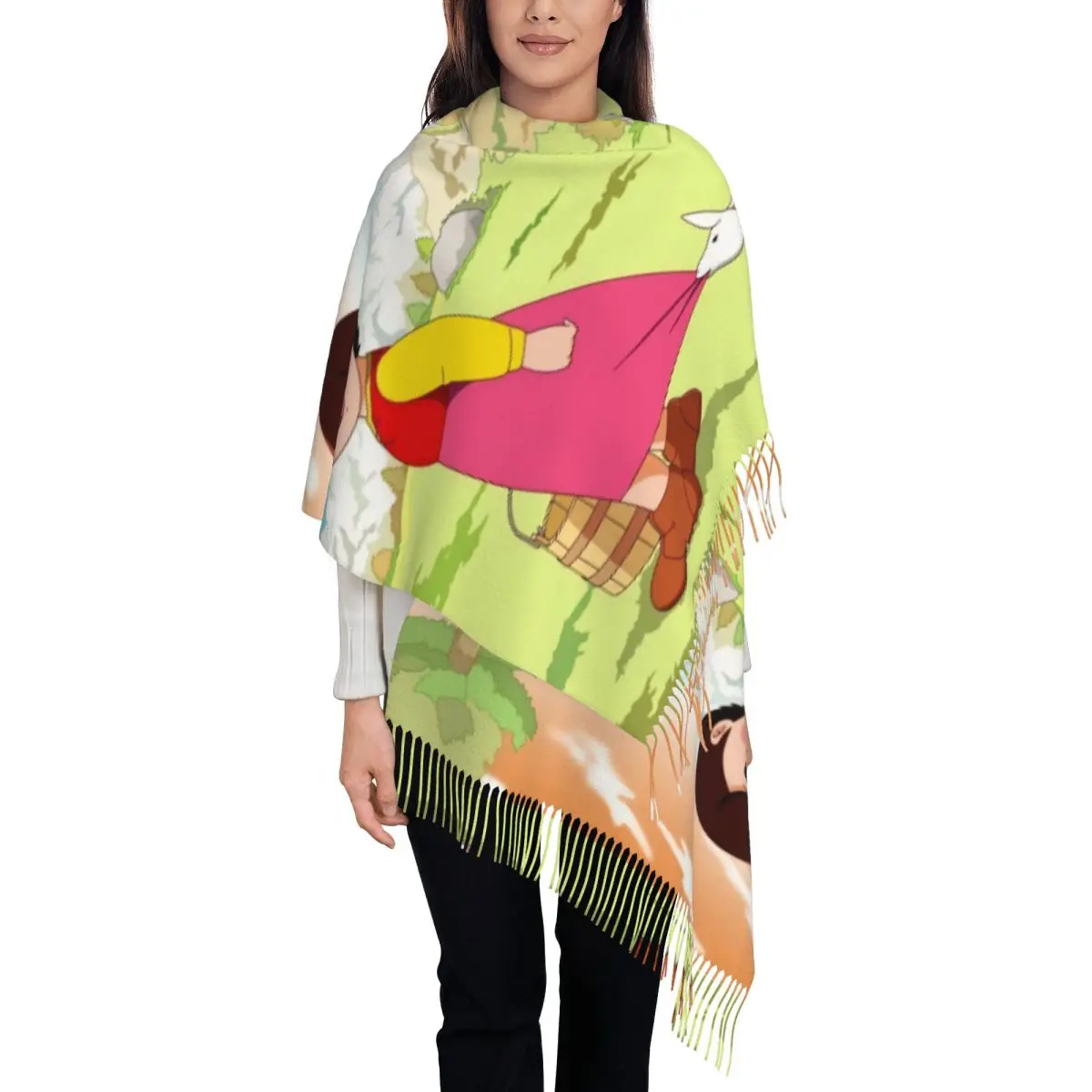 

Custom Luxury Anime Heidi Girl Of The Alps Comic Cartoon Tassel Scarf Women Winter Warm Shawl Wrap Female Scarves