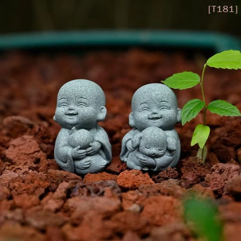 [E] Embracing Animal Monk Statue, Resin, Stone Zen Garden Decoration, Serene Smiling Sculpture