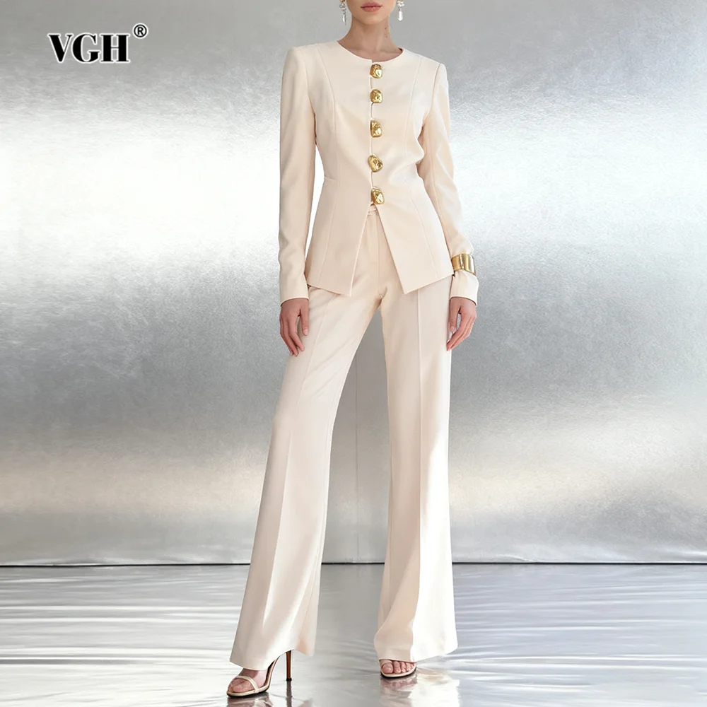 

VGH Solid French Style Vintage Two Piece Sets For Women Round Neck Long Sleeve Top High Waist Pants Casual Set Female Fashion