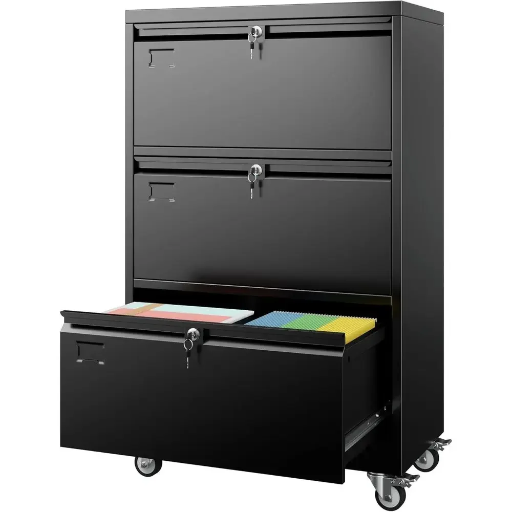 Heavy-Duty Metal Rolling File Cabinet with Locks, 16 D x 29 W x 47.5 H, Black, Assemble Needed