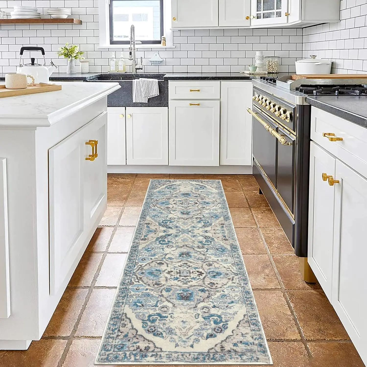 Boho Blue Beige Vintage Runner Rug Distressed Floral Print Non Slip Washable Laundry Room Hallway Entryway Kitchen Carpet Mat