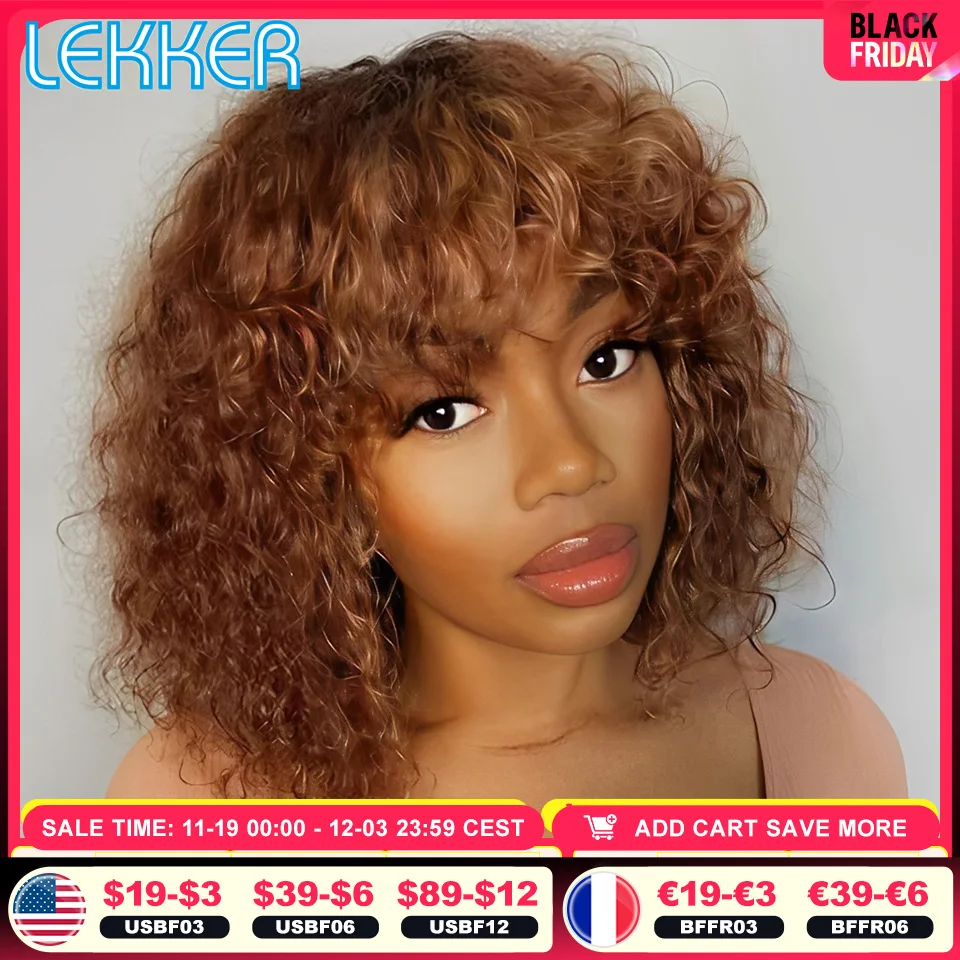 Lekker Farbige kurze Pixie Afro verworrene lockige Bob Echthaarperücke mit Pony für Frauen brasilianisches Remy Haar Ombre Braun volle Maschine