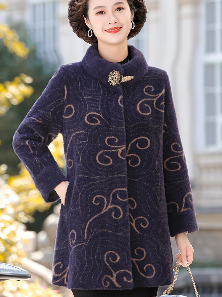 Casaco de Visom Faionável Outono Inverno 2025 para Mães de Meia-Idade e Idosas com Gola Alta e Fechamento de Botão Único Es...