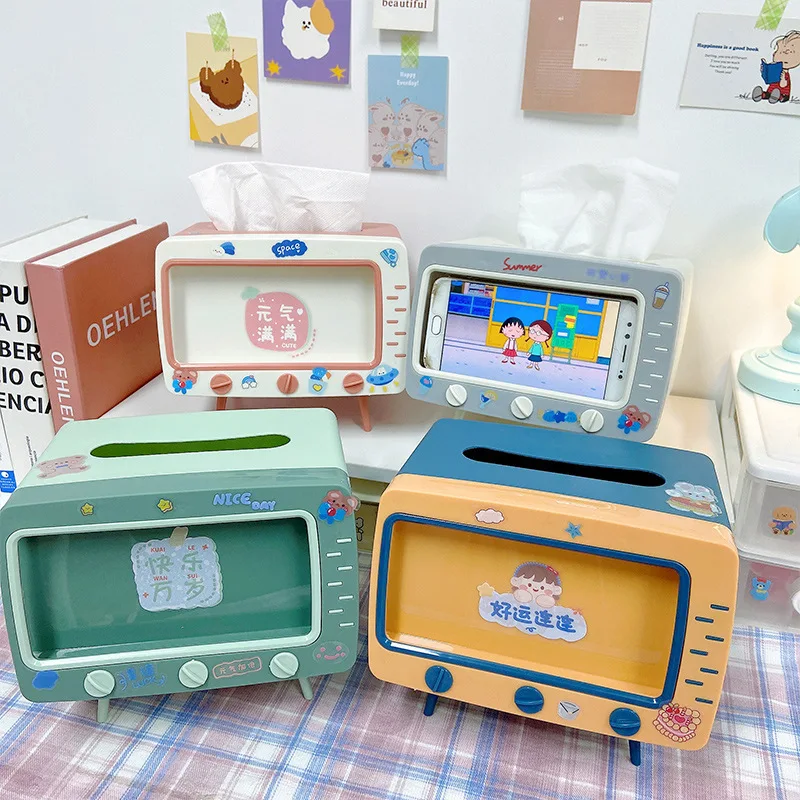 

Desktop Paper Holder with Mobile Phone Stand TV Tissue Storage Case Creative Multifunctional for Living Room Storage