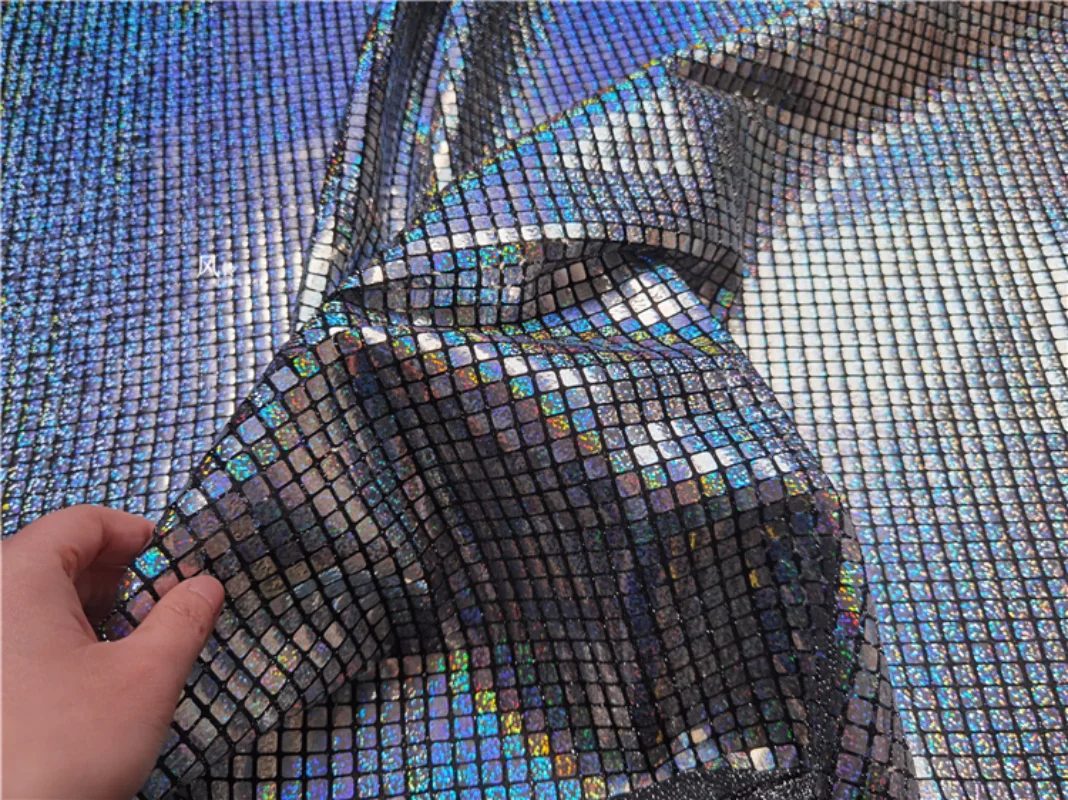 Checker Sequined Fabric Rainbow Reflective DIY Patchwork Backgound Decor Skirt Dress Stage Metallic Clothes Designer Fabric