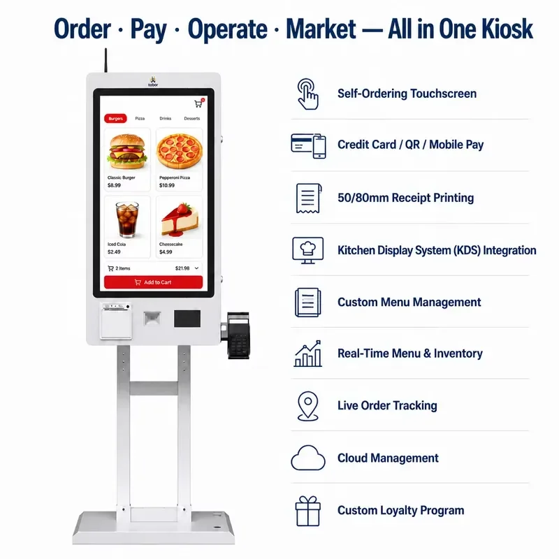 for Custom Cashless Payment Totem 21.5 23.8 27 Inch Ticket Printer Kiosk Capacitive Touch Screen Ordering Kiosk for