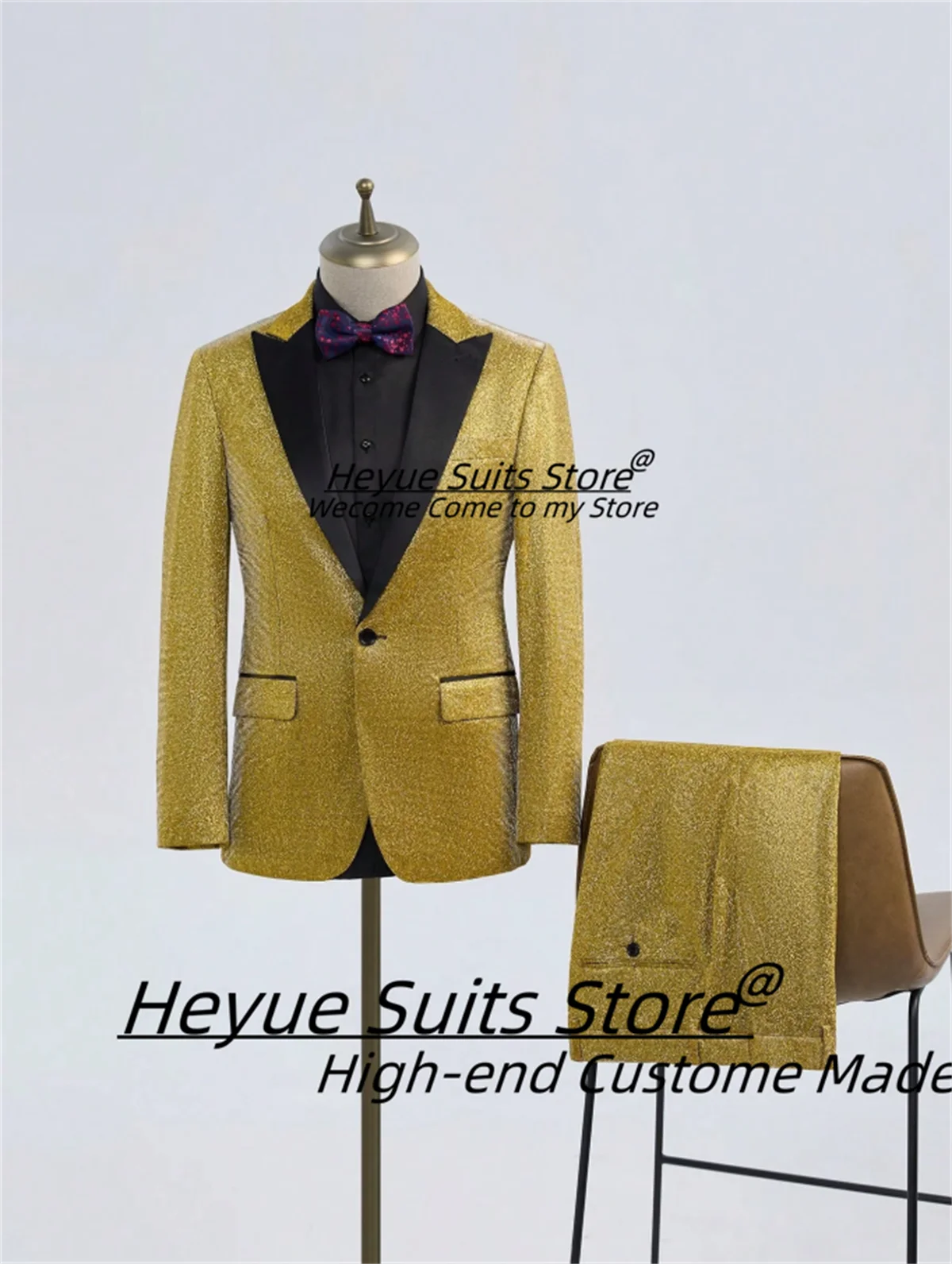 Shiny Golden High-end Groom Wedding Tuxedos Luxuly Slim Fit Peak Lapel Men Suits 2 Pieces Sets Male Prom Blazers Costume Homme