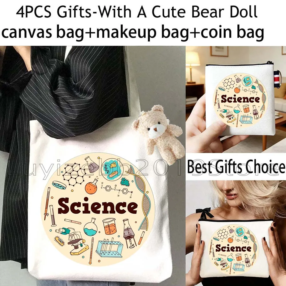 4PCS Funny Science Biology Chemistry Gifts Canvas Totes Bag Cotton Handbags,Cosmetic Makeup Bag,Coin Purse Wallet Zipper Pouch