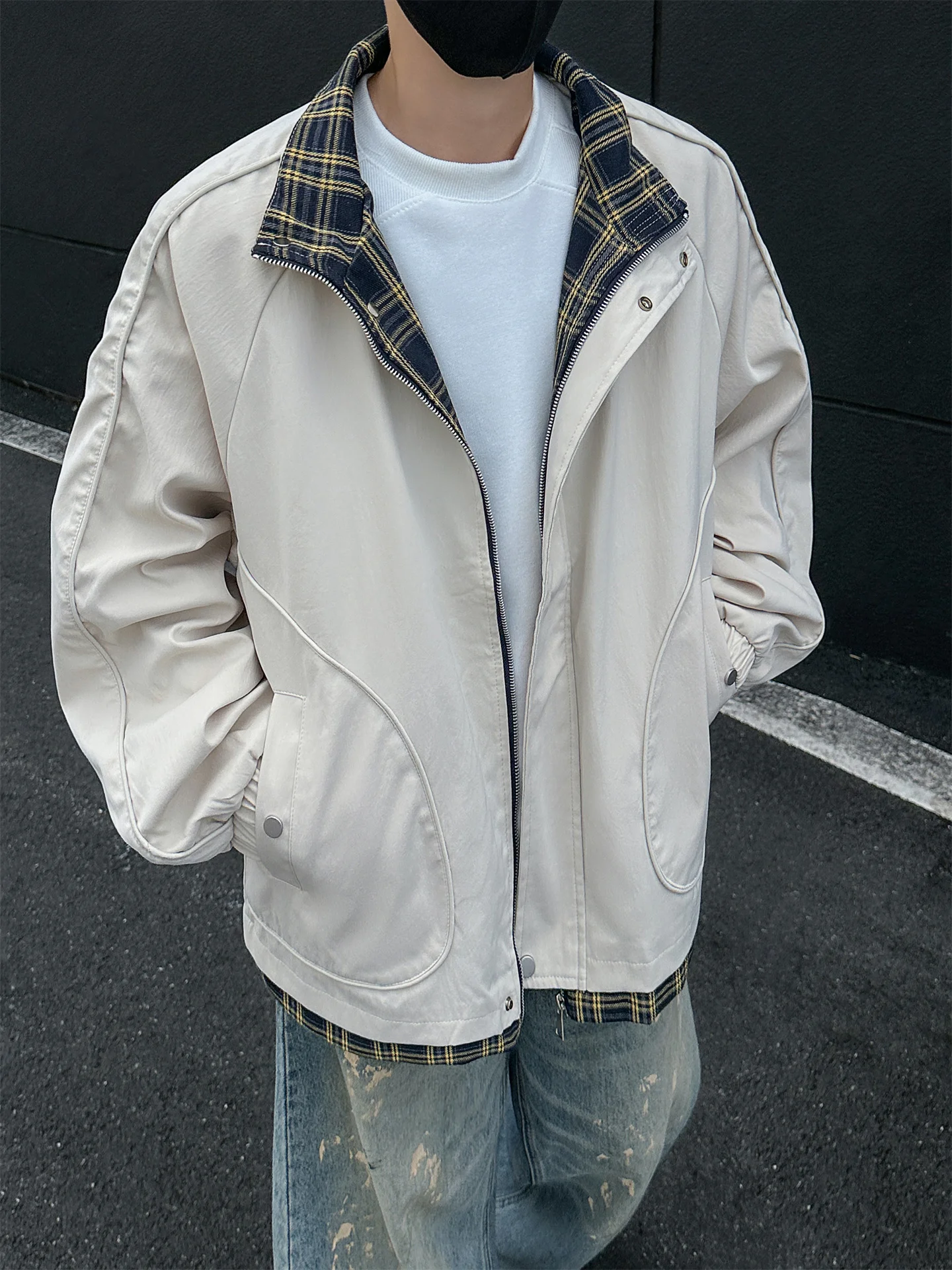 

American Sle Men's Plaid Jaet Stand Collar Splicing Outerwear Casual Loose Fit Youth Trend Summer Autumn New Arrival