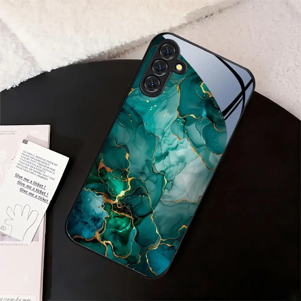Line Texture Dark Green Tempered Glass Phone Case For Samsung Galaxy S26 S25 Ultra S24 S23 S22 Plus Shockproof Hard Back Cover