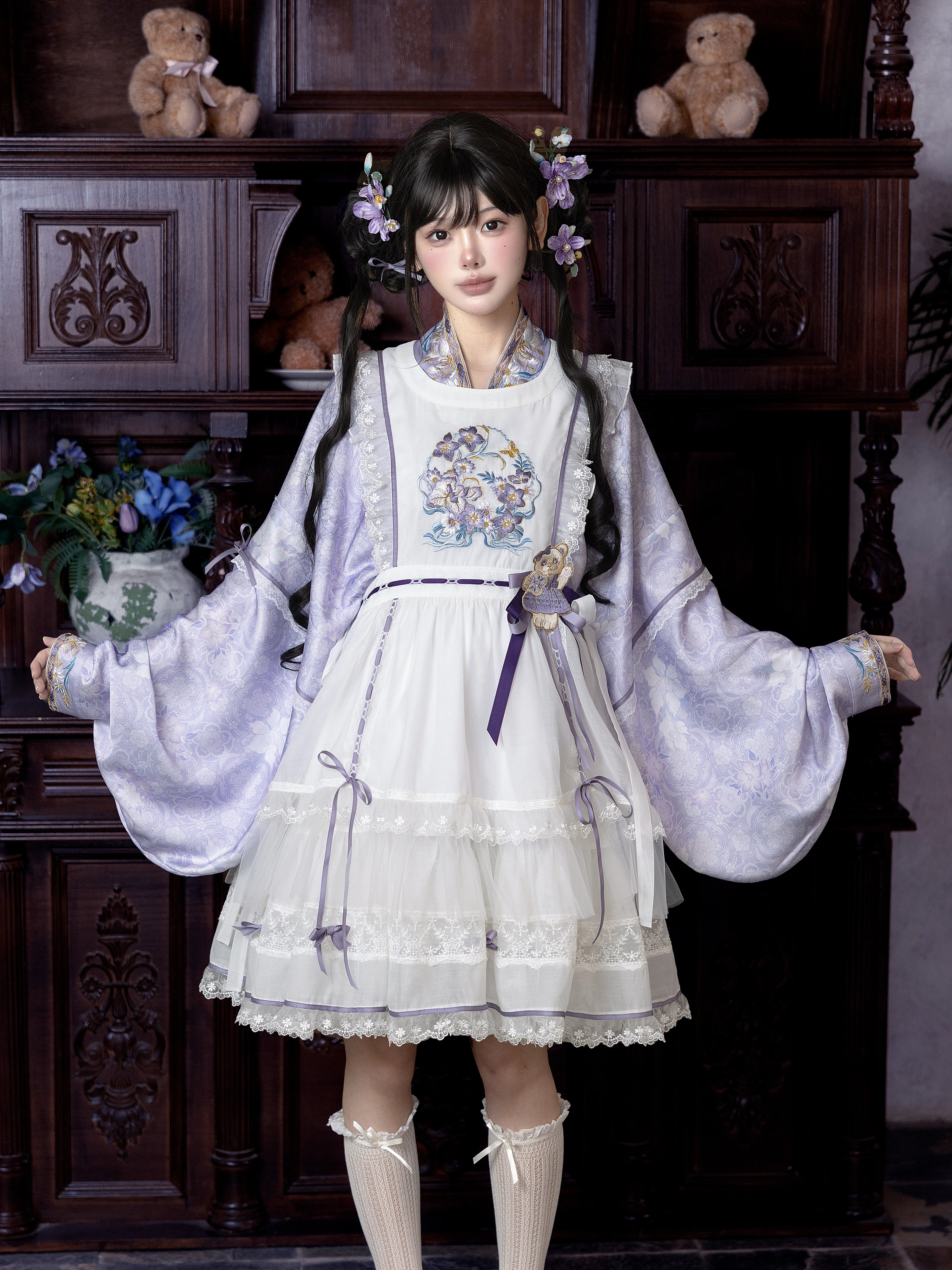 Original Hanfu Set with Peony Bear Design High Waist A-Line Skirt Traditional Chinese Culture Style High Quality Polyester Fa...