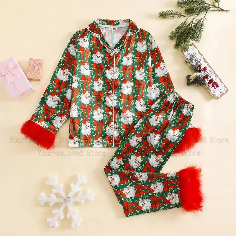

Feather Trim Christmas Print Sleepwear Girls Pajamas Set Button Up Long Sleeves Shirt with Elastic Pants for Loungewear