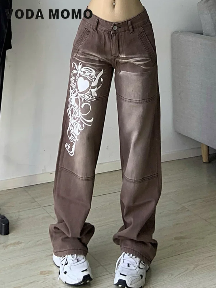 

Streetwear Women's Hight Waist Jeans New Spring Autumn Wide Leg Loose Design Sense Casual Cargo Pants Printed Baggy Y2K Jeans